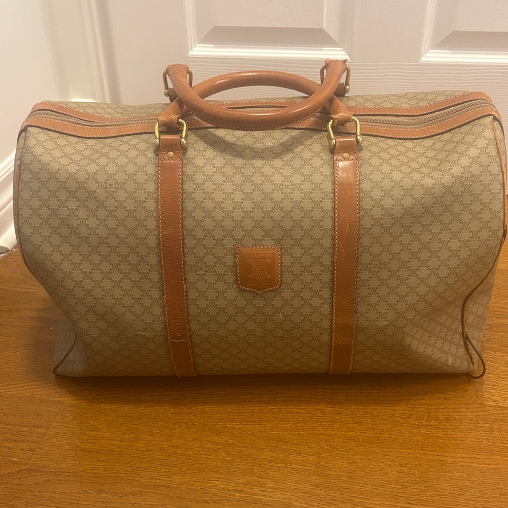 Celine Leather-Trim large Brown Patterned Travel Duffel Bag